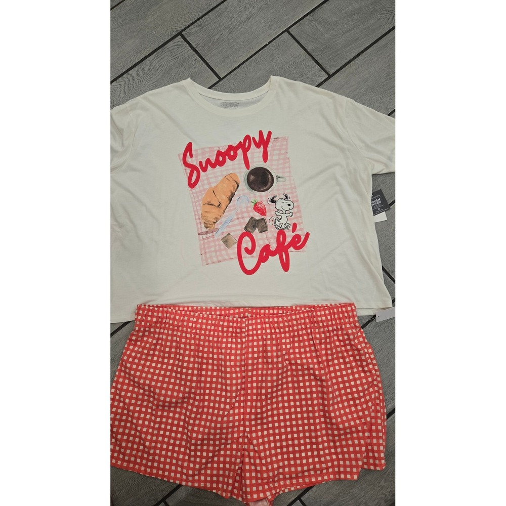 Peanuts Snoopy Cafe Pajama Set Womens 2X Gingham Shorts Graphic Tee Cream Red